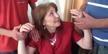 GRANDMA FRIENDS - Office threesome sex with old mature boss