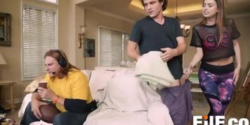 Step sister has risky sex with bro while dad watches TV