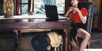 Hot ebony licks hot wife while meeting