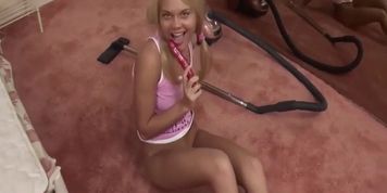 Adorable blondie dildoing her twat