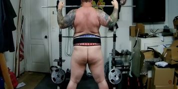 Naked yoga, naked workout, chubby muscle bear cums twice
