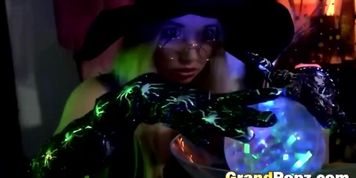Cute blonde in costume seduces grandpa and gets fucked at Halloween party