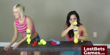 Kate and Kimmy dive into a playful game of Strip Ballstaks