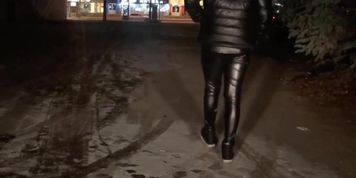 Boy in leather leggings