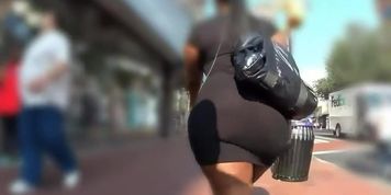 Ebony BBW with a huge booty walks down the street (Jacqueline Back)