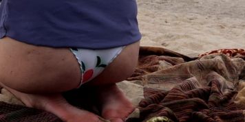 4K HD Wife In Rio Bikini Bottoms On Very Public Beach Pretending 2 Get Sand Off Her Shoes.
