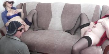 Two girls finger masturbate wet pussies and get strong orgasm. Guy watches. Pussy masturbation. MILF (Bobbi Eden)