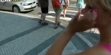 Screwed Russian whore shows off her big boobs in full daylight