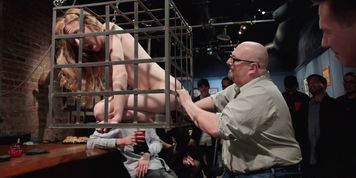 Blonde slave is public disgraced in cage (Emma Haize, John Strong, Lolita Haze)