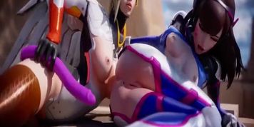 Overwatch Mercy and D.Va have fun with a toy