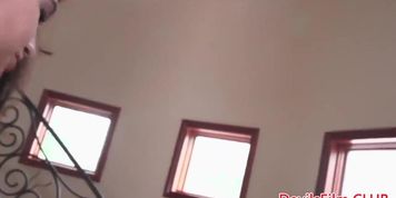 Stockinged masturbating girl toys her pussy