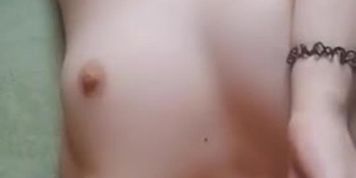 Beautiful naked bitch with shaved pubic hair and natural tits sucks small bottle with her sexy lips