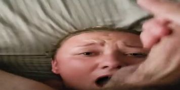 Cheating wife with big boobs gives sloppy head and gets throat fucked
