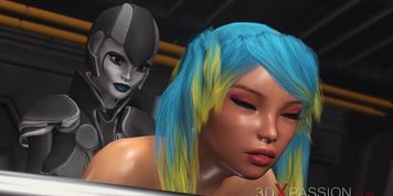 Sci-fi female android fucks a horny girl with a strapon in the spacecraft