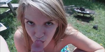 PETITE BLONDE SLUT SUCKS COCK OUTDOORS!