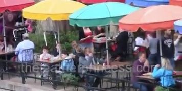 San Antonio Riverwalk in Red Thigh Boots & Micro MiniSkirt