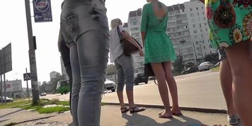 Upskirt outdoor scene with girl in sea foam dress