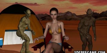 3D brunette double teamed outdoors by some goblins