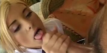 Blondie in short skirt blows dude and gets fingered in the ass