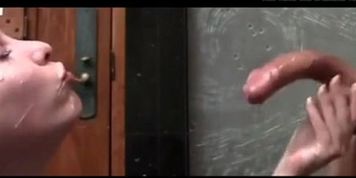 Redhead whore gets streams of cum on her face and mouth