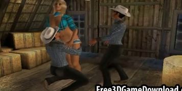 Horny 3d cartoon cowgirl takes on two studs at the barn
