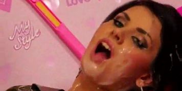Sexy babes strapon fucking each other and getting covered in bukkake