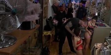Brunette gets group facial in public