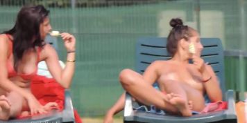 Sexy Topless Babes Tanning At The Pool