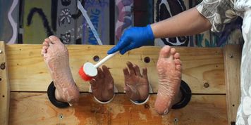 Damien&rsquo;s soapy scrubbed tickled feet and hands 