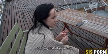 SIS.PORN. Lovely brunette smokes a cigarette and blows (Juicy Leyla)