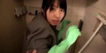 Mosaic: Cute cleaner gives geek blowjob in lavatory 01