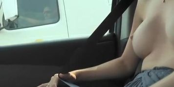 Girlfriend flashes boobs on the road