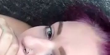 Green eyed pink haired hottie sucking huge dick