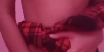 Cute little asian teen in schoolgirl skirt rubbing hairy pussy for daddy
