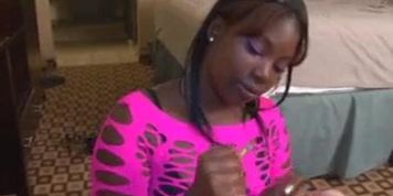 Gorgeous ebony girl strokes hard cock