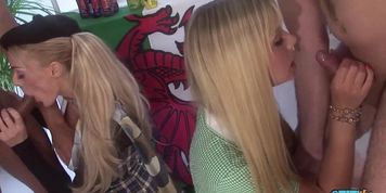 Beautiful blonde sluts get their wet cunts smashed in the store