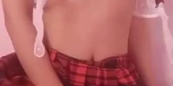 sexy asian schoolgirl playing with her boobs and ass and rubbing pussy