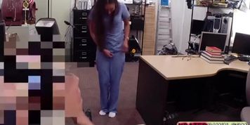 Hot brunette Nurse loves to get fucked while selling something in the pawn shop