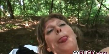 Horny granny jumps on top of big hard cock outdoors