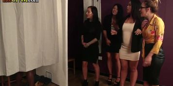 CFNM dommes sucking and wanking in interracial group