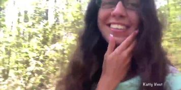 Babe with glasses walks in public and shows boobs and pussy (Katty West)
