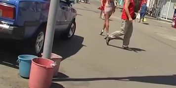 Blond upskirt gal in mini costume