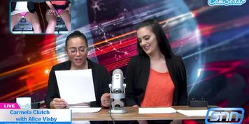 Carmela Clutch and Alice Visby ride the sybian till the orgasm live on air