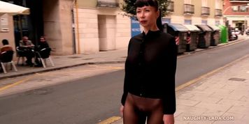 Mademoiselle public walks with no skirt in see-thru pantyhose