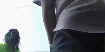 Brunette Hair in green upskirt