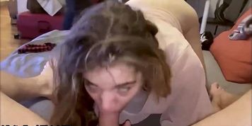 Cute faced teen sucks cock while drilled by BBC