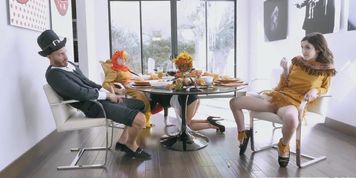 Brooklyn crawls under the table to show how thankful she is to her stepsons colossal dick (Brooklyn Chase)