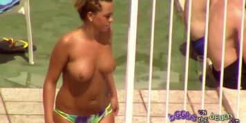 Big Bouncy Tanned 19 year old Hot Blonde by the pool big oily boobs
