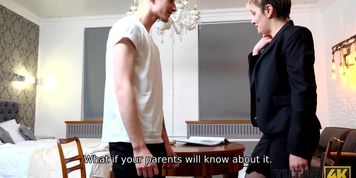 TUTOR4K. Lesson with new literature tutor ends for smart fellow with sex