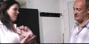 BUSTY WORK - Fat brunette in fishnets takes it from behind